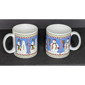 Sakura Debbie Mumm SNOWMAN Cups Mug Set of 2 Different Designs 3 5/8" Tall 1998